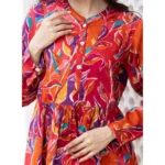 Women's Cotton Printed Full Sleeve Mandarin collar Top (Red)