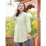 Women's Cotton Solid Full Sleeve Band collar Tunic (Green)