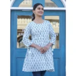 Women's Cotton Printed 3/4 Sleeve Round Neck Tunics (White)