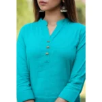 Women's Cotton Solid 3/4 Sleeve Mandarin collar Kurti (Green)