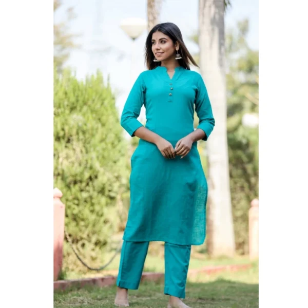 Women's Cotton Solid 3/4 Sleeve Mandarin collar Kurti (Green)