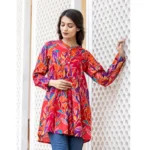 Women's Cotton Printed Full Sleeve Mandarin collar Top (Red)