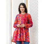 Women's Cotton Printed Full Sleeve Mandarin collar Top (Red)