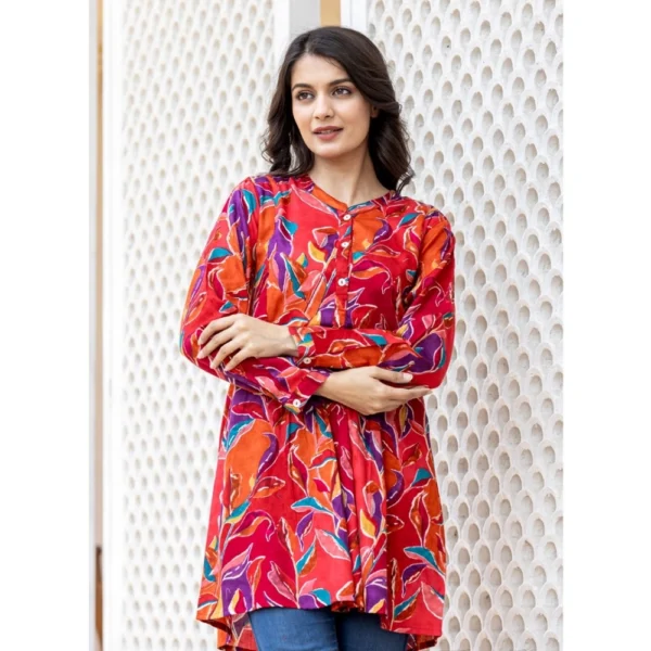 Women's Cotton Printed Full Sleeve Mandarin collar Top (Red)