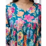 Women's Cotton Printed Full Sleeve Mandarin collar Top (Sea Blue)