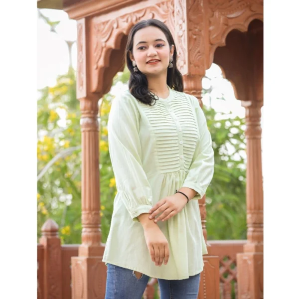 Women's Cotton Solid Full Sleeve Band collar Tunic (Green)