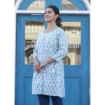 Women's Cotton Printed 3/4 Sleeve Round Neck Tunics (White)