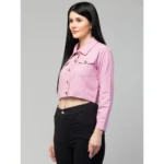 Women's Solid Cotton Full Sleeve Denim Jacket (Pink)