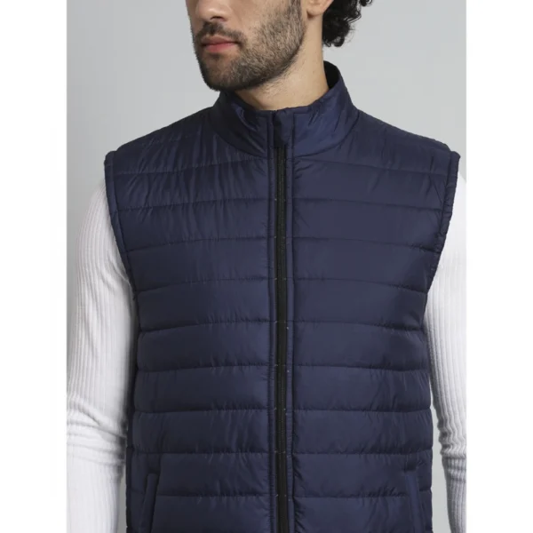 Men's Solid Polyester Sleeveless Bomber Jacket (Blue)