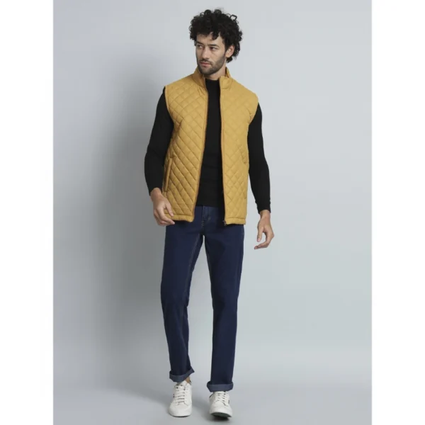 Men's Solid Polyester Sleeveless Bomber Jacket (Yellow)