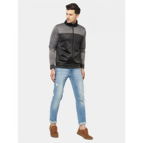 Men's Solid Lycra Blend Full Sleeve Casual Jacket (Black-Grey)