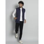 Men's Solid Polyester Sleeveless Bomber Jacket (Blue)