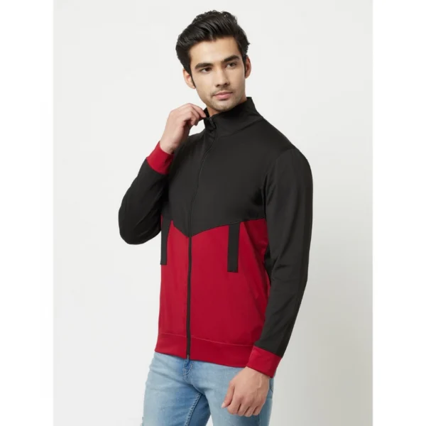 Men's Solid Polyester Full Sleeve Casual Jacket (Black-Maroon)