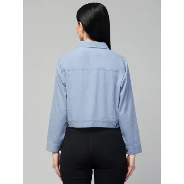 Women's Solid Cotton Full Sleeve Denim Jacket (Blue)