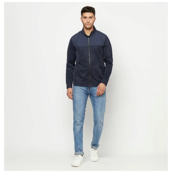 Men's Solid Lycra Blend Full Sleeve Casual Jacket (Blue)