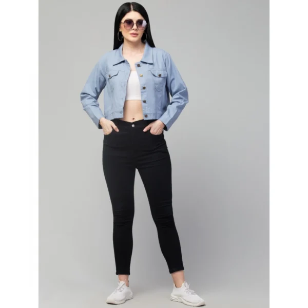 Women's Solid Cotton Full Sleeve Denim Jacket (Blue)