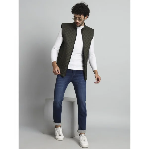 Men's Solid Polyester Sleeveless Bomber Jacket (Dark-Green)