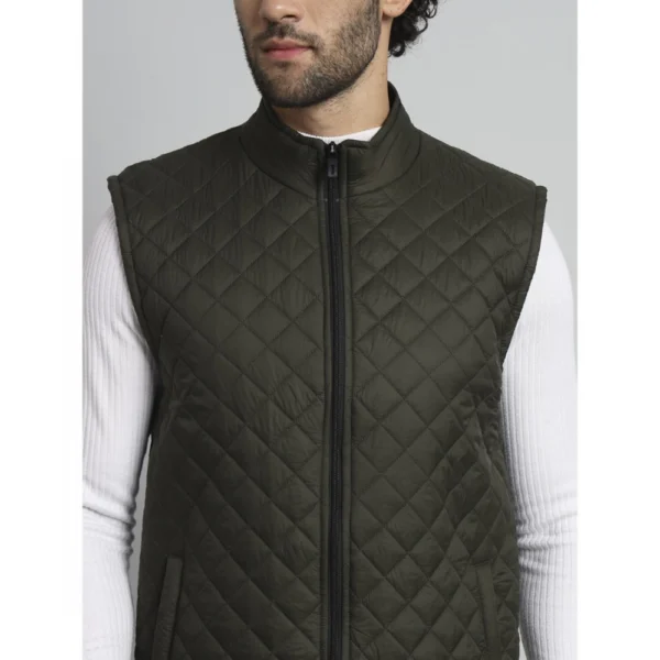 Men's Solid Polyester Sleeveless Bomber Jacket (Dark-Green)