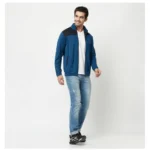 Men's Colorblock Lycra Blend Full Sleeve Casual Jacket (Blue)