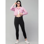 Women's Solid Cotton Full Sleeve Denim Jacket (Pink)