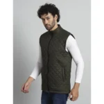 Men's Solid Polyester Sleeveless Bomber Jacket (Dark-Green)