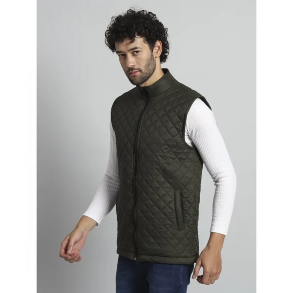 Men's Solid Polyester Sleeveless Bomber Jacket (Dark-Green)