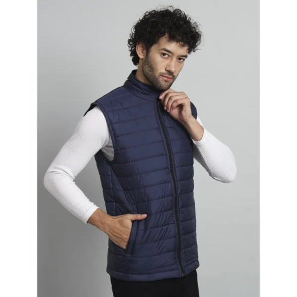 Men's Solid Polyester Sleeveless Bomber Jacket (Blue)