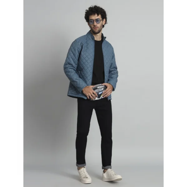 Men's Solid Polyester Full Sleeve Bomber Jacket (Blue)