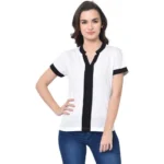 Women's Cotton Blend Solid Regular Sleeves V-Neck Regular Top (White)