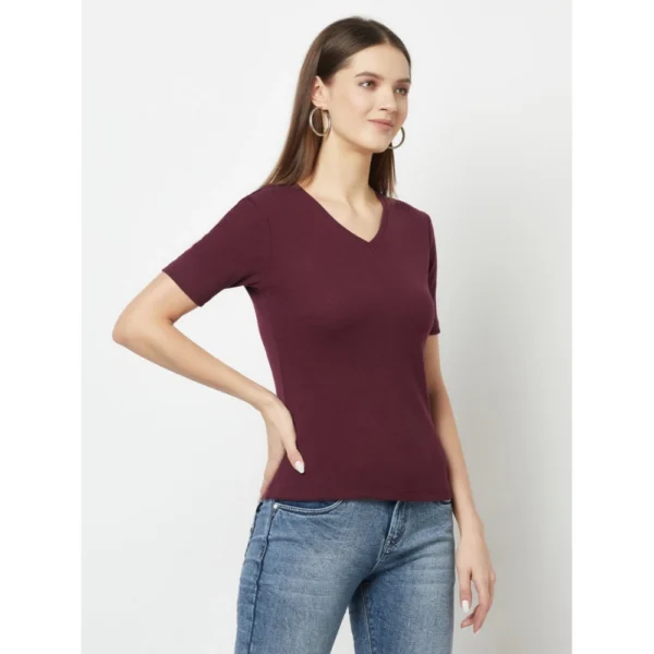 Women's Cotton Blend Solid Regular Sleeves V-Neck Regular Top (Maroon)