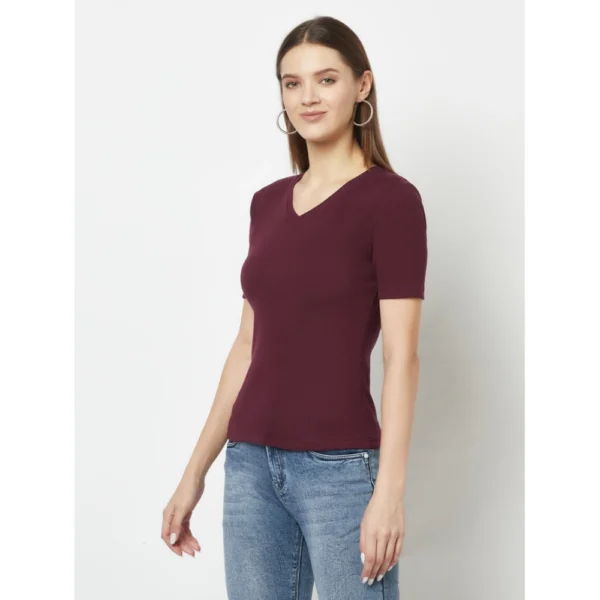 Women's Cotton Blend Solid Regular Sleeves V-Neck Regular Top (Maroon)