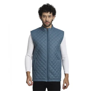 Men's Solid Polyester Sleeveless Bomber Jacket (Blue)