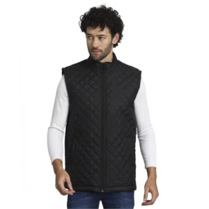 Men's Solid Polyester Sleeveless Bomber Jacket (Black)