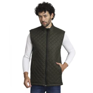 Men's Solid Polyester Sleeveless Bomber Jacket (Dark-Green)