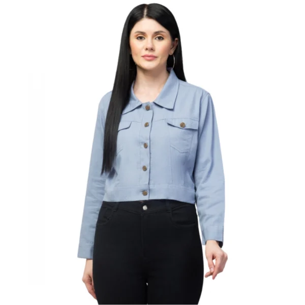 Women's Solid Cotton Full Sleeve Denim Jacket (Blue)