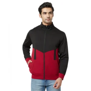 Men's Solid Polyester Full Sleeve Casual Jacket (Black-Maroon)