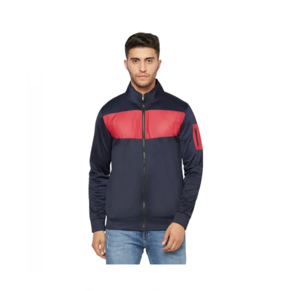 Men's Solid Polyester Full Sleeve Casual Jacket (Blue-Red)