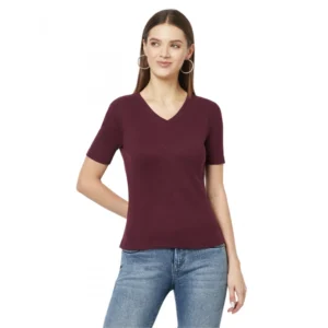 Women's Cotton Blend Solid Regular Sleeves V-Neck Regular Top (Maroon)