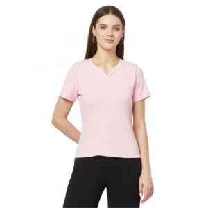 Women's Cotton Blend Self Design Regular Sleeves V-Neck Regular Top (Pink)