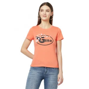 Women's Cotton Blend Printed Regular Sleeves Round Neck Regular Top (Orange)