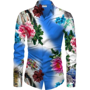 Men's Casual Floral Printed Cotton Blend Unstitched Shirt Fabric 1.6 Mtrs (Blue)