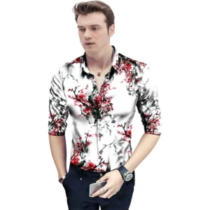 Men's Casual Floral Printed Cotton Blend Unstitched Shirt Fabric 1.6 Mtrs (Red-White)