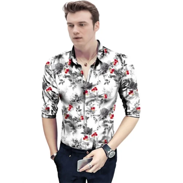 Men's Casual Floral Printed Cotton Blend Unstitched Shirt Fabric 1.6 Mtrs (Red-White)