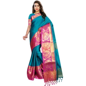 Women's Jacquard Woven Saree With Unstitched Blouse 5.5Mtr (Dark Green)