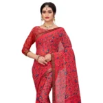 Women's Georgette Floral Print Saree With Unstitched Blouse 5.5Mtr (Red)