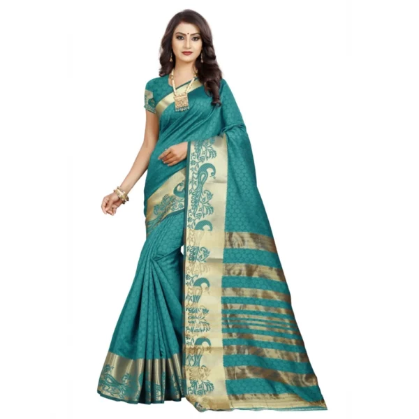 Women's Jacquard Woven Saree With Unstitched Blouse 5.5Mtr (Blue)