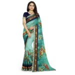 Women's Georgette Floral Print Saree With Unstitched Blouse 5.5Mtr (Light Blue)