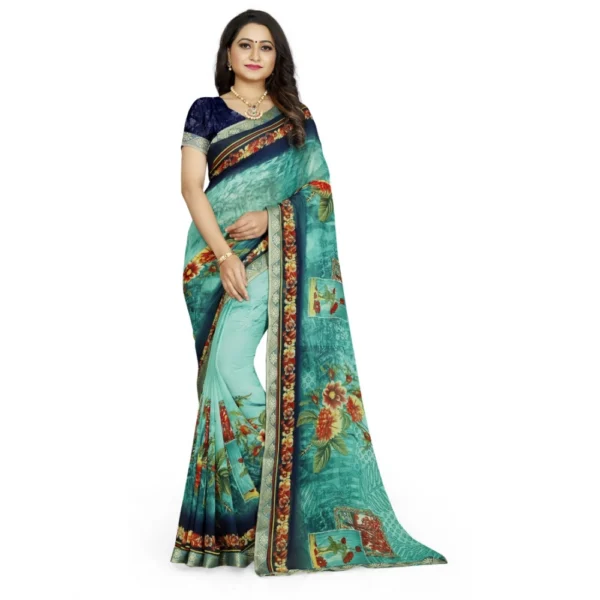 Women's Georgette Floral Print Saree With Unstitched Blouse 5.5Mtr (Light Blue)