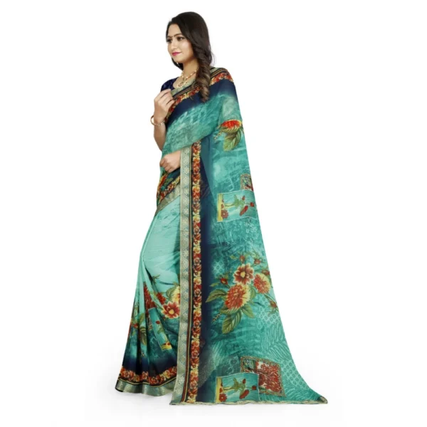 Women's Georgette Floral Print Saree With Unstitched Blouse 5.5Mtr (Light Blue)