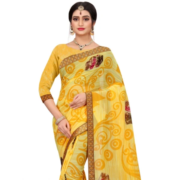 Women's Georgette Floral Print Saree With Unstitched Blouse 5.5Mtr (Yellow)